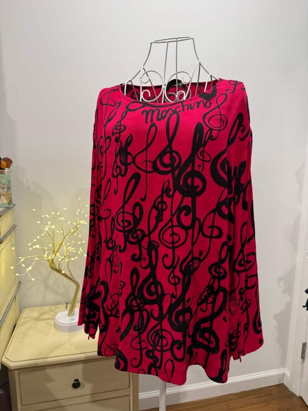 Moschino Hot Pink Long-Sleeve Dress with Black Musical Note Print